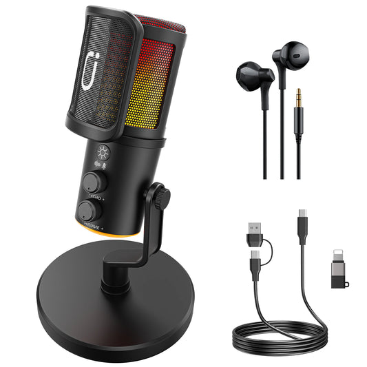 USB/XLR Dynamic Microphone for Podcast Recording, PC Computer Gaming Streaming Mic with RGB Light, Mute Button, Headphones Jack
