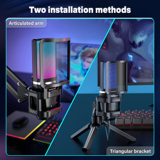 Haomuren Gaming Microphone With Articulated Arm RGB Condenser Mic with Tripod For Gaming Recording Podcasting Streaming Youtube