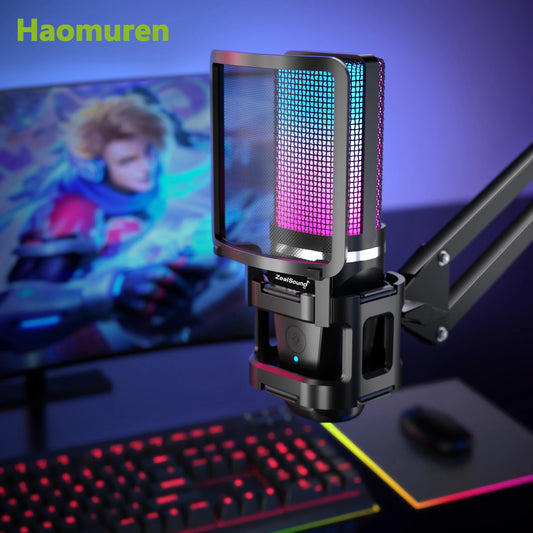 Haomuren Gaming Microphone With Articulated Arm RGB Condenser Mic with Tripod For Gaming Recording Podcasting Streaming Youtube