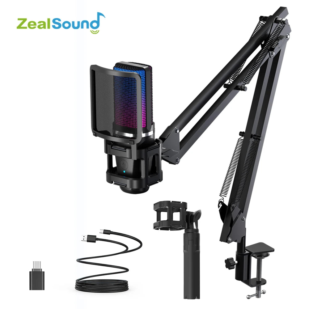 Haomuren Gaming Microphone With Articulated Arm RGB Condenser Mic with Tripod For Gaming Recording Podcasting Streaming Youtube