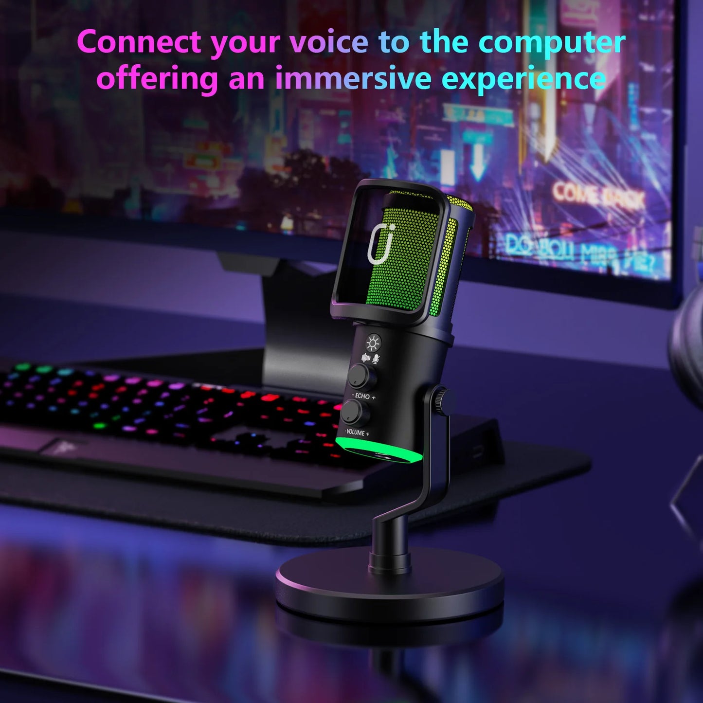 USB/XLR Dynamic Microphone for Podcast Recording, PC Computer Gaming Streaming Mic with RGB Light, Mute Button, Headphones Jack