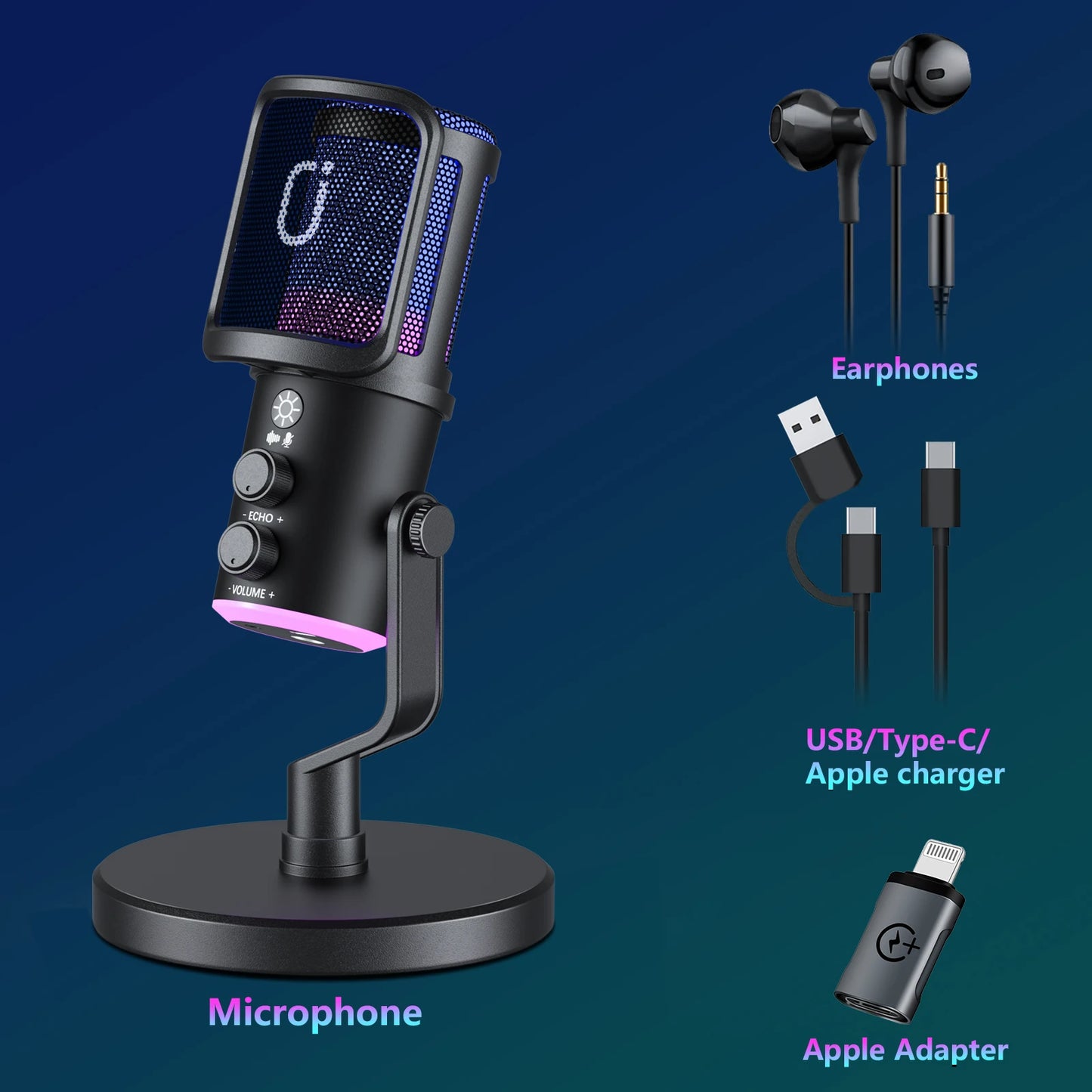 USB/XLR Dynamic Microphone for Podcast Recording, PC Computer Gaming Streaming Mic with RGB Light, Mute Button, Headphones Jack
