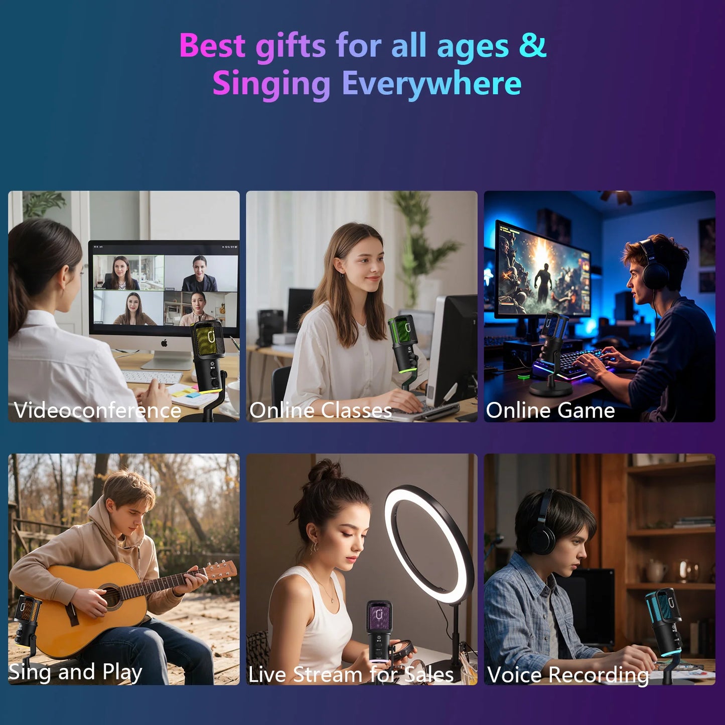 USB/XLR Dynamic Microphone for Podcast Recording, PC Computer Gaming Streaming Mic with RGB Light, Mute Button, Headphones Jack