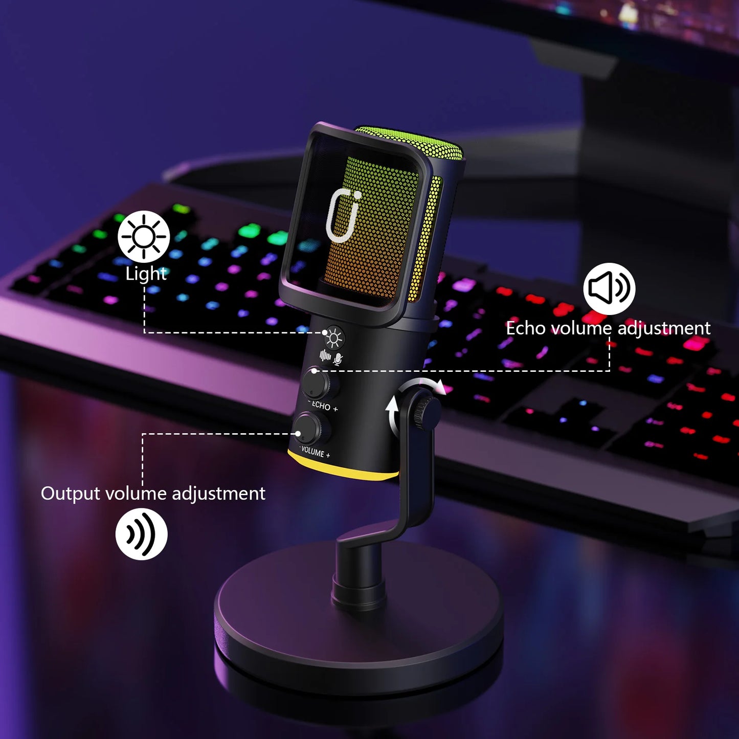 USB/XLR Dynamic Microphone for Podcast Recording, PC Computer Gaming Streaming Mic with RGB Light, Mute Button, Headphones Jack