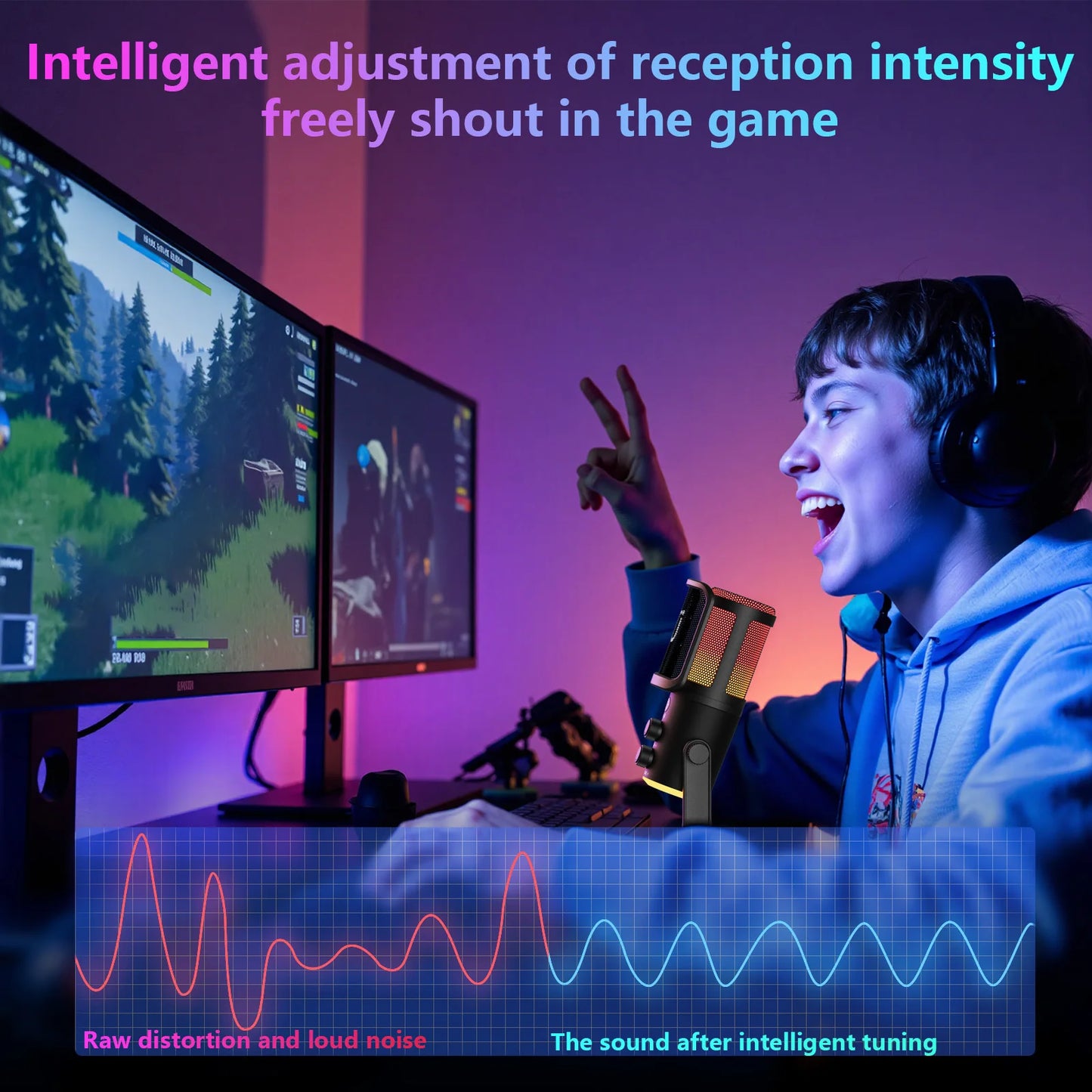 USB/XLR Dynamic Microphone for Podcast Recording, PC Computer Gaming Streaming Mic with RGB Light, Mute Button, Headphones Jack