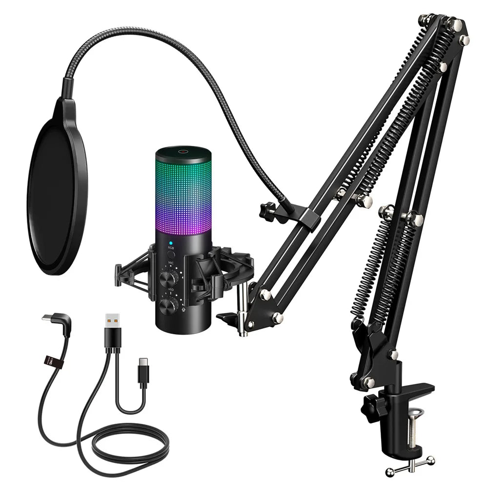 Gaming USB Microphone,Noise Cancellation Condenser mic,RGB Microphone with Mute,Gain,Monitoring,Boom Arm,Pop Filter for Phone,PC