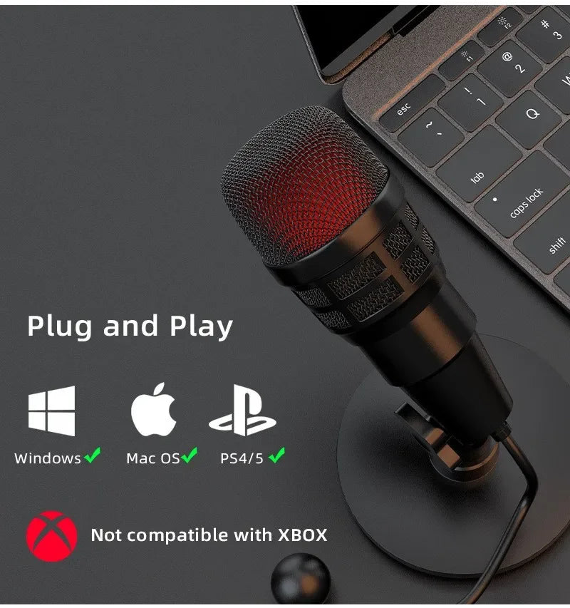 Capacitive podcast microphone, gaming microphone, USB computer microphone, recording studio, headphone jack, LED light
