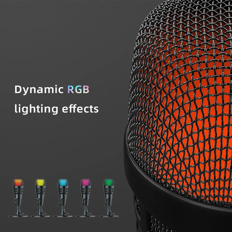 Capacitive podcast microphone, gaming microphone, USB computer microphone, recording studio, headphone jack, LED light