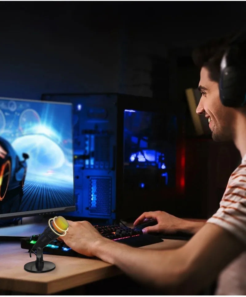 Capacitive podcast microphone, gaming microphone, USB computer microphone, recording studio, headphone jack, LED light