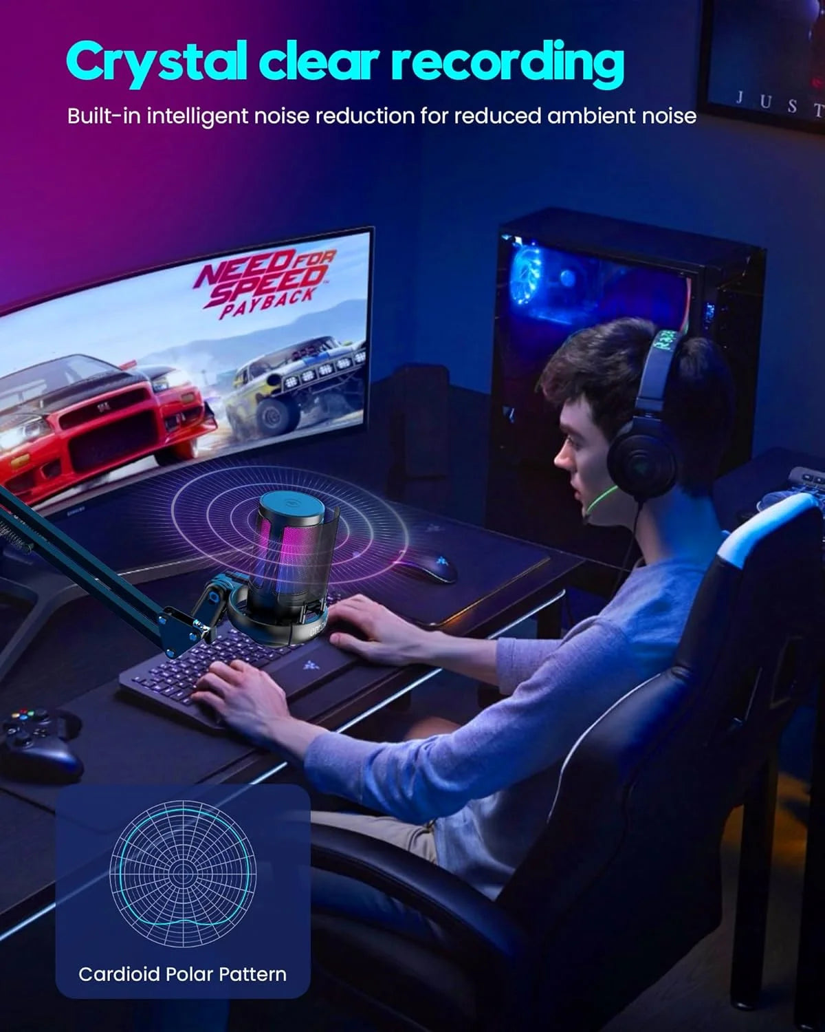 ME6S Gaming USB Microphone, Controllable RGB Lighting, With Cantilever Bracket, for Game Live Streaming and Audio Recording