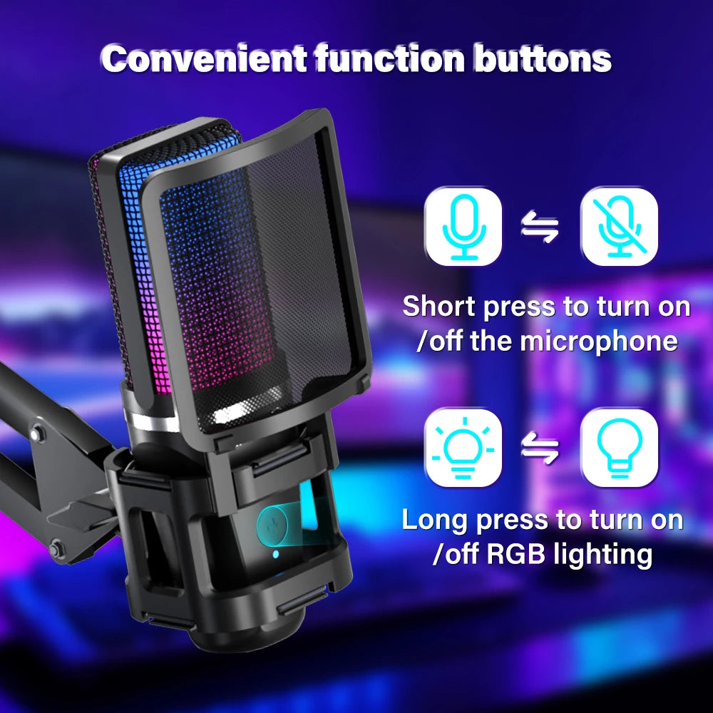 Haomuren Gaming Microphone With Articulated Arm RGB Condenser Mic with Tripod For Gaming Recording Podcasting Streaming Youtube