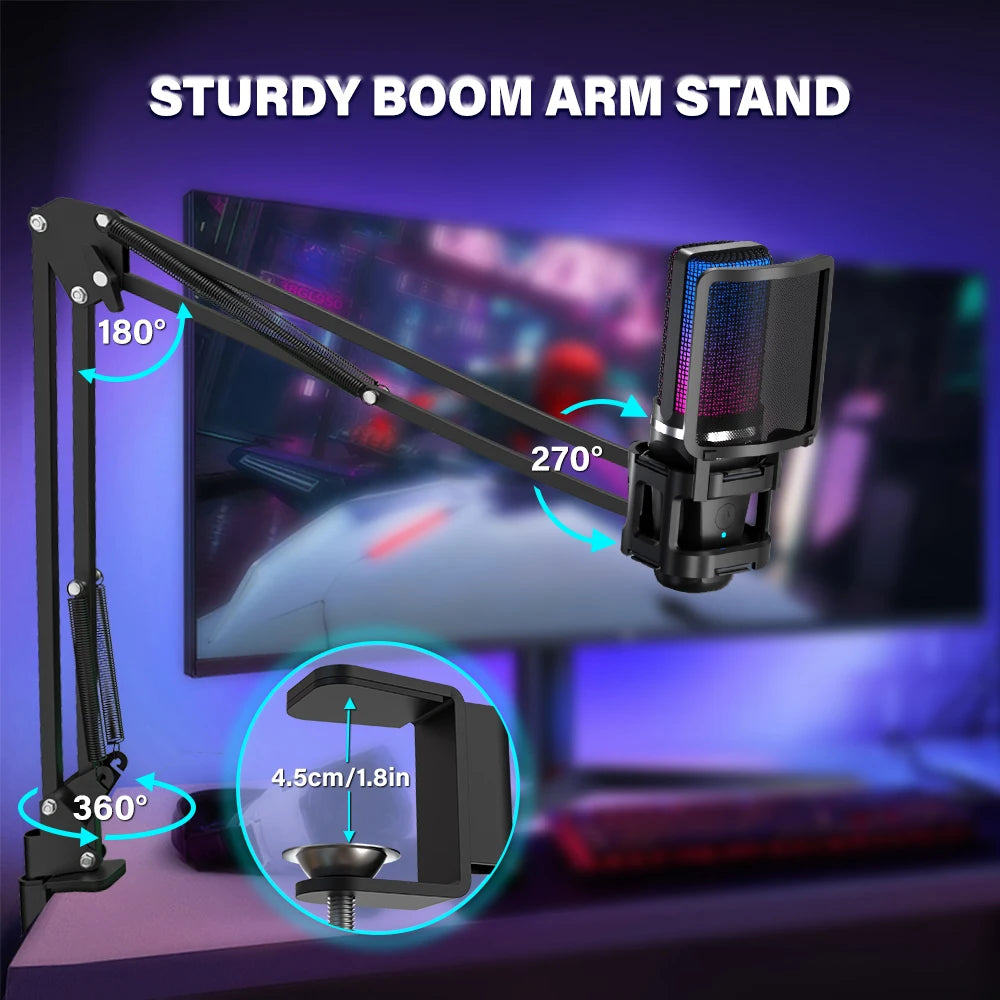 Haomuren Gaming Microphone With Articulated Arm RGB Condenser Mic with Tripod For Gaming Recording Podcasting Streaming Youtube