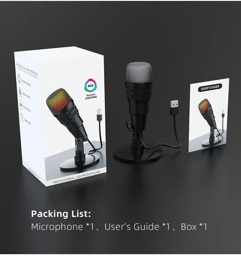 Capacitive podcast microphone, gaming microphone, USB computer microphone, recording studio, headphone jack, LED light