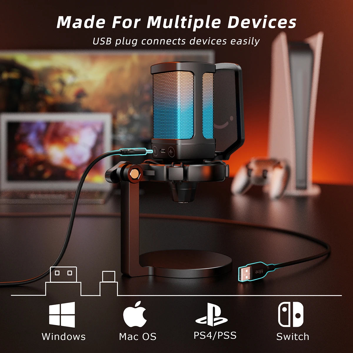 AmpliGame Gaming USB Microphone with Noise Cancelling,RGB Mic with Quick Mute,Gain Knob for Streaming,PC,Laptop,PS4/5,Mobile-Q6