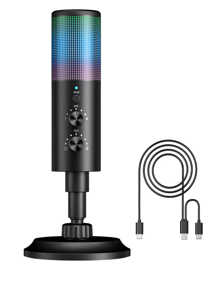 Gaming USB Microphone,Noise Cancellation Condenser mic,RGB Microphone with Mute,Gain,Monitoring,Boom Arm,Pop Filter for Phone,PC