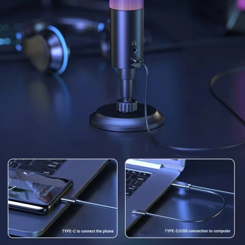 Gaming USB Microphone,Noise Cancellation Condenser mic,RGB Microphone with Mute,Gain,Monitoring,Boom Arm,Pop Filter for Phone,PC