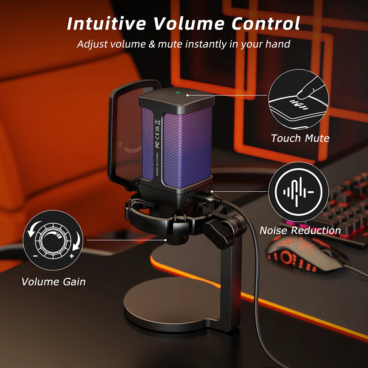 AmpliGame Gaming USB Microphone with Noise Cancelling,RGB Mic with Quick Mute,Gain Knob for Streaming,PC,Laptop,PS4/5,Mobile-Q6