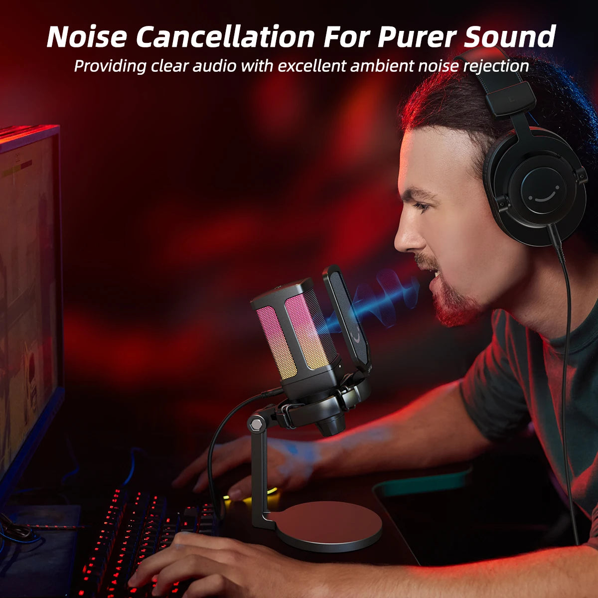 AmpliGame Gaming USB Microphone with Noise Cancelling,RGB Mic with Quick Mute,Gain Knob for Streaming,PC,Laptop,PS4/5,Mobile-Q6