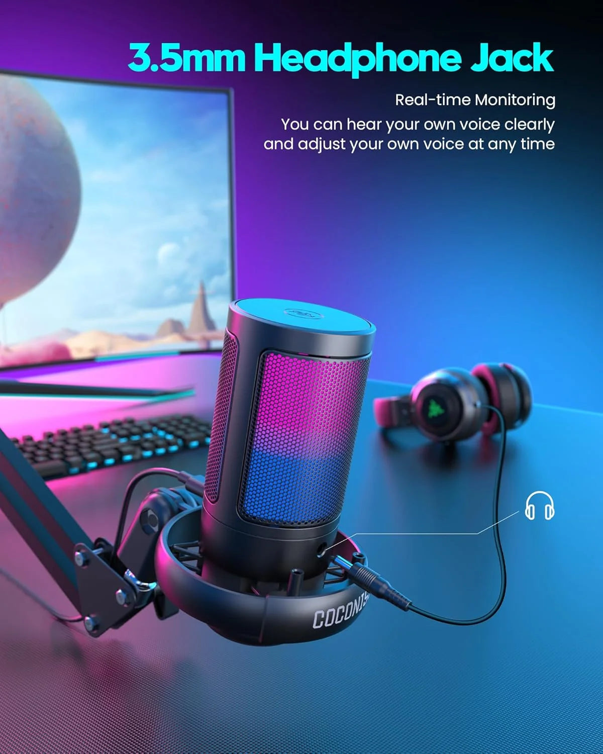ME6S Gaming USB Microphone, Controllable RGB Lighting, With Cantilever Bracket, for Game Live Streaming and Audio Recording