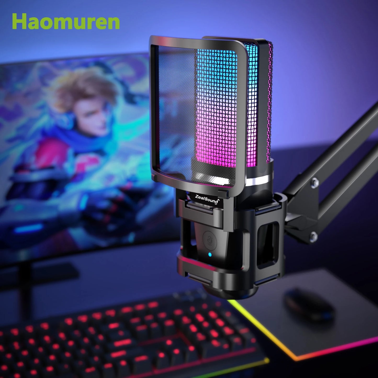 Haomuren Gaming Microphone With Articulated Arm RGB Condenser Mic with Tripod For Gaming Recording Podcasting Streaming Youtube