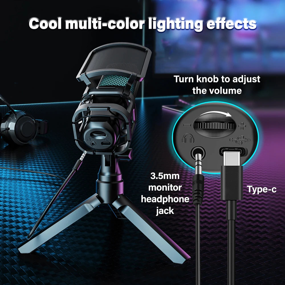 Haomuren Gaming Microphone With Articulated Arm RGB Condenser Mic with Tripod For Gaming Recording Podcasting Streaming Youtube