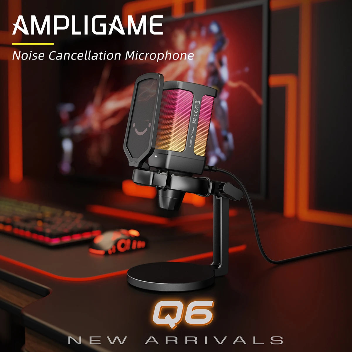 AmpliGame Gaming USB Microphone with Noise Cancelling,RGB Mic with Quick Mute,Gain Knob for Streaming,PC,Laptop,PS4/5,Mobile-Q6
