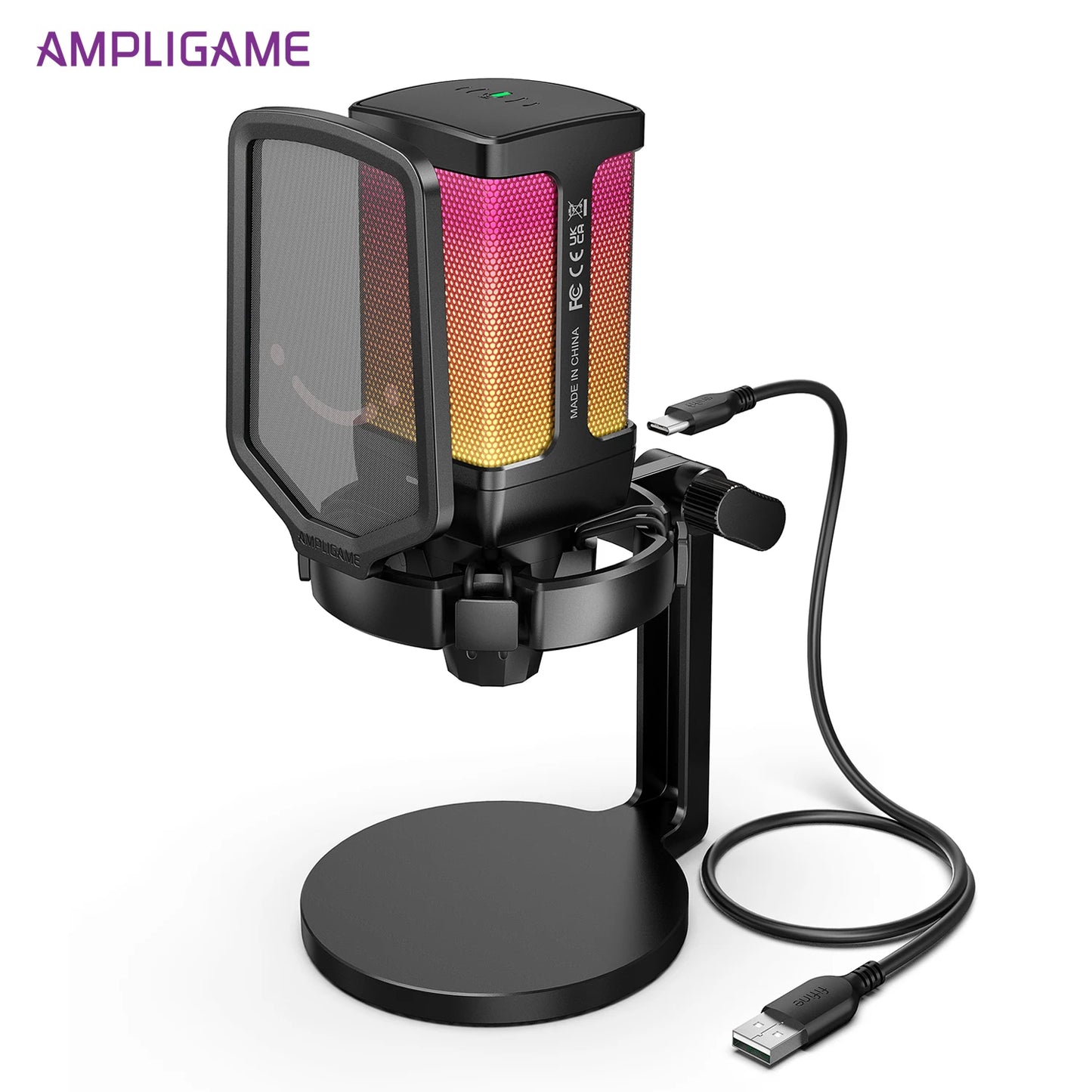 AmpliGame Gaming USB Microphone with Noise Cancelling,RGB Mic with Quick Mute,Gain Knob for Streaming,PC,Laptop,PS4/5,Mobile-Q6